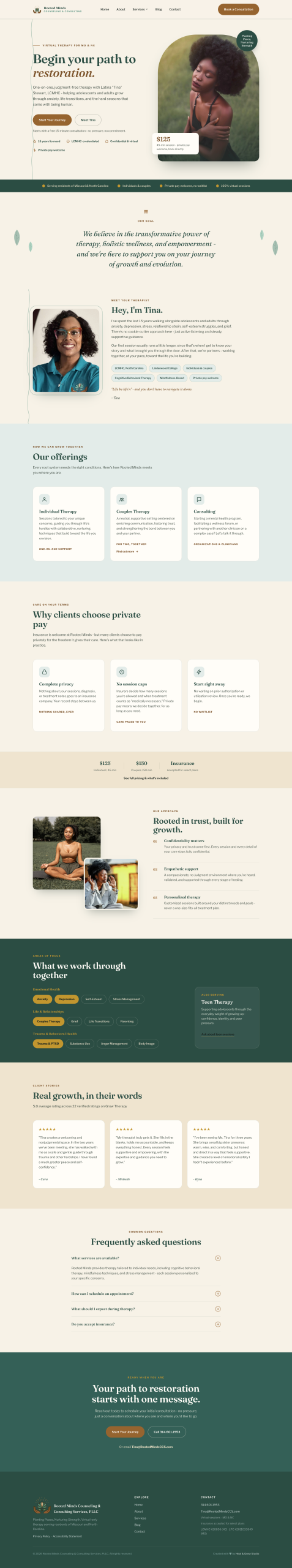 Rooted Minds Counseling and Consulting Services website, a virtual practice serving Missouri and North Carolina